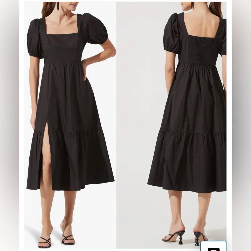 Astr Black Square-Neck Tiered Midi Dress with Puff Sleeves and Front Slit